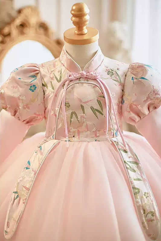 High Neck Knee Length Long Sleeves Embroidery Baby Girl Party Dress