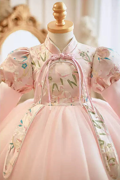 High Neck Knee Length Long Sleeves Embroidery Baby Girl Party Dress