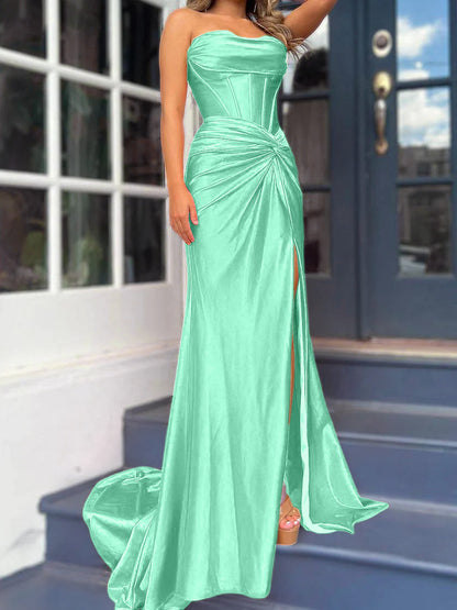 Sheath/Column Strapless Floor-length Long Dresses With Split Side