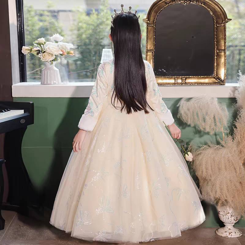 Long Sleeves Winter High Neck A-Line/Princess Embroidery Girl Party Dress Full Long