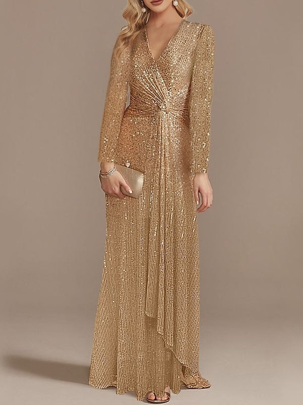 Mermaid/Trumpet V-Neck Long Sleeves Floor-Length Party Cocktail Dress with Sequins