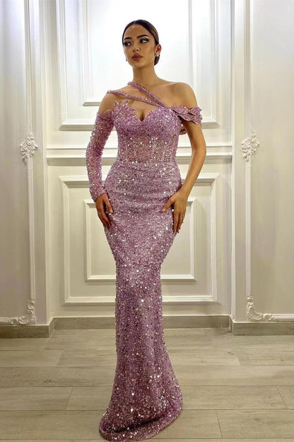 Lavender Gorgeous Long Sleeves Sequins Prom Dress Mermaid ED0140