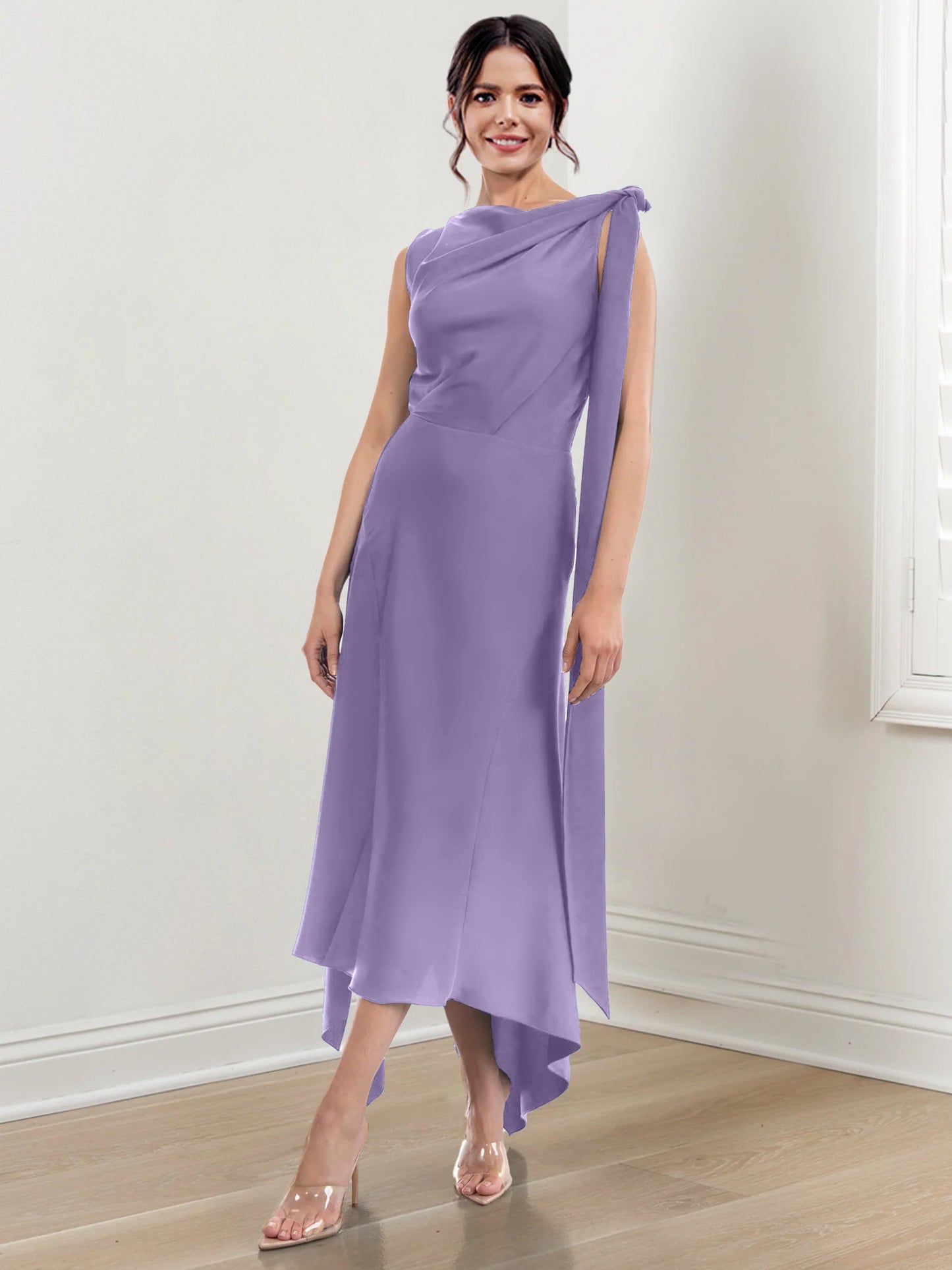 Sheath/Column Jewel Neck Tea-Length Asymmetrical Mother of the Bride Dresses with Ruched