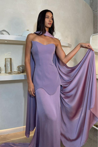 edgynewlook Amazing Purple Satin Strapless Sleeveless Long Slim Prom Dress with Scarf