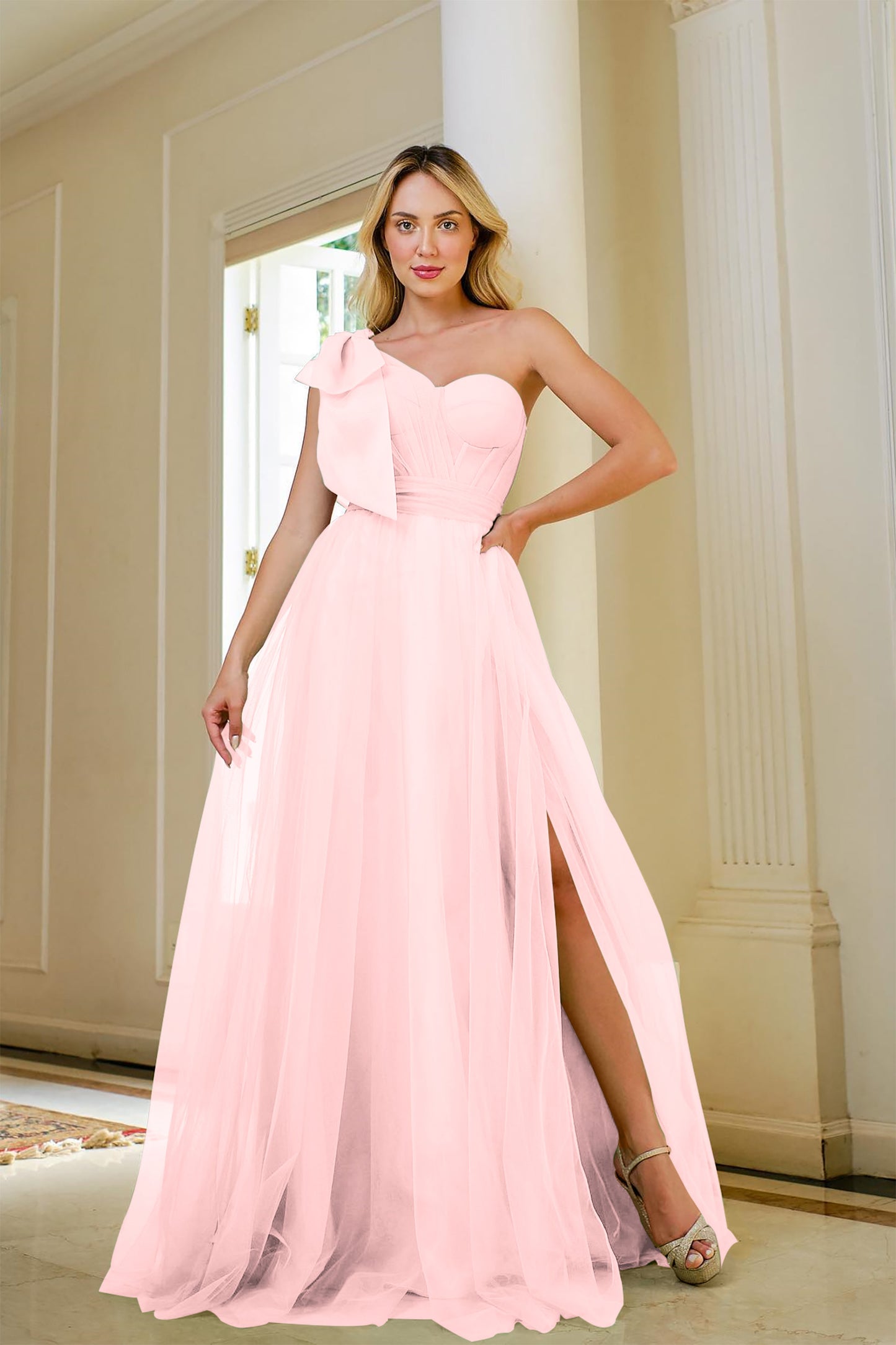 Sage Green One Shoulder Sweetheart Tulle Prom Dress With Split ED0254