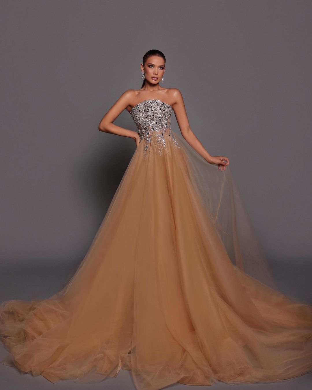 Gold Strapless Embroidery Mesh Prom Dress ZT0294