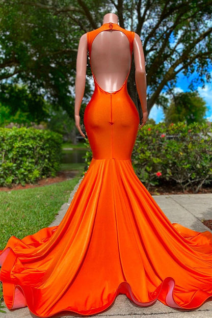 Bright Orange Prom Dress V Neck Mermaid Sleeveless Appliques YL0108