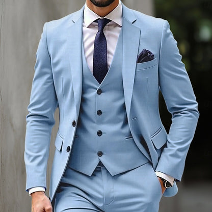 Sky Blue Men's 3 Pieces Standard Fit Single Breasted Two-buttons Wedding Formal Party Suits