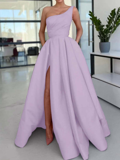 Simple One Shoulder Pink Long Prom Dress High Slit A Line Pleated Formal Dress YH0080