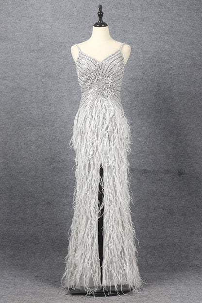 Edgynewlooks Luxury Sliver Mermaid Spaghetti Strap Prom Dress Split Sleeveless Feathers Beading