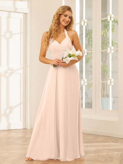 A-Line/Princess Halter Sleeveless Floor-Length Bridesmaid Dresses with Split Side