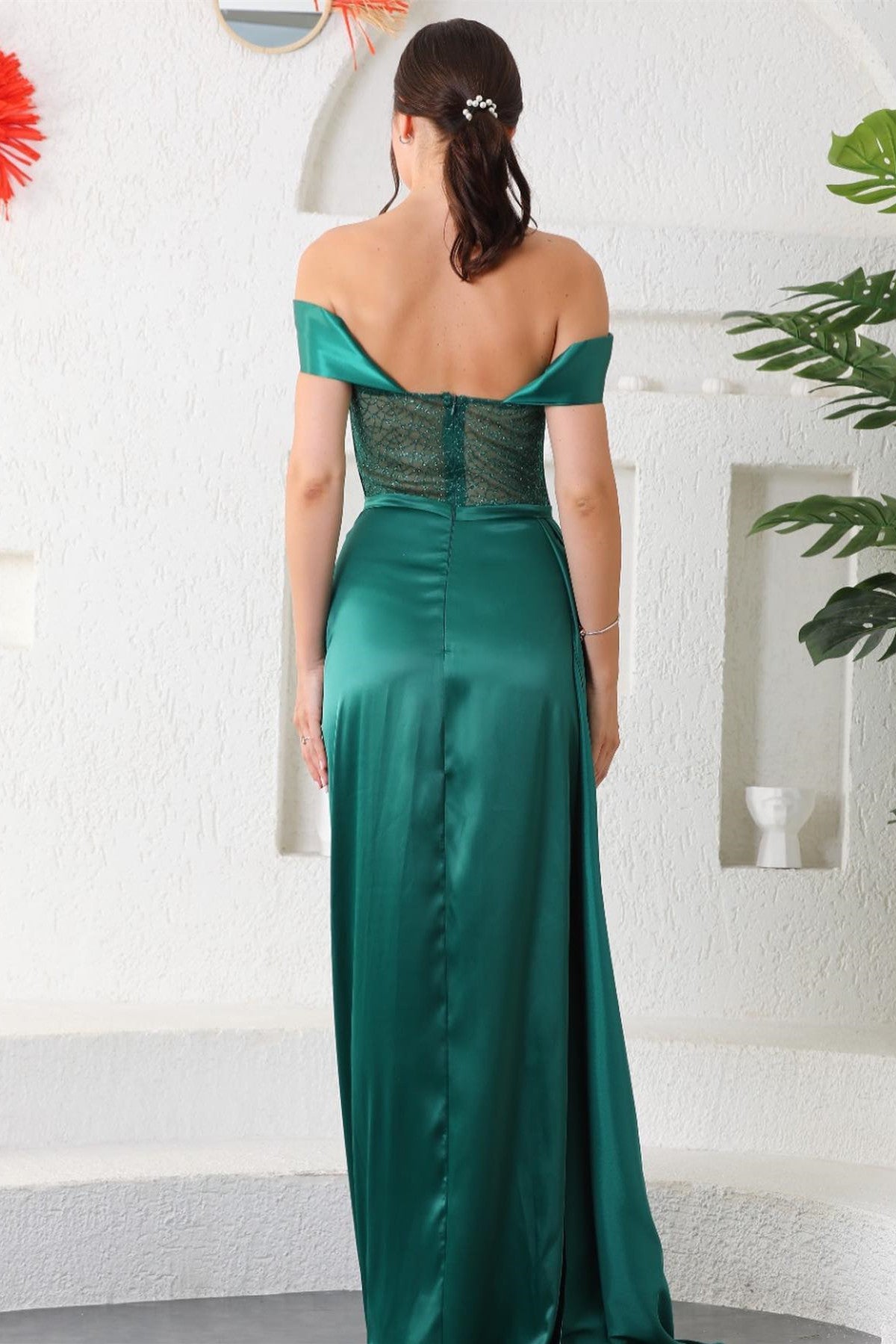 Dark Green Off-the-Shoulder Mermaid Prom Dress Split With Ruffle PD0655