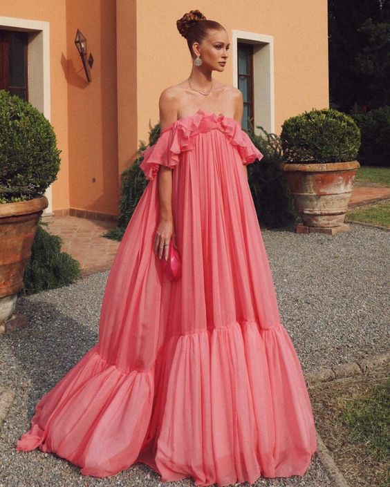 Pink Fashion Long Ruffle Neck Chiffon Formal Prom Dress Evening Dress Wedding Guest Dress gh3072