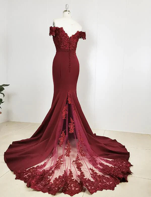 Burgundy Off Shoulder Handmade Mermaid Bridesmaid Dress, Long Prom Dress Evening Dress gh289