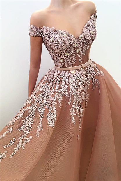 Elegant Off-The-Shoulder Appliques V-Neck Mermaid Prom Dress With Belt PD0931