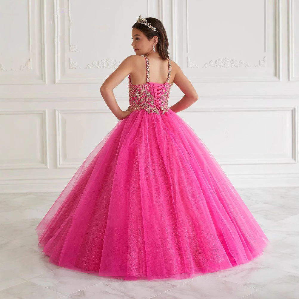 Sparkling Ball Gown Halter Tulle Floor-Length Flower Girl Dress with Lace Appliques