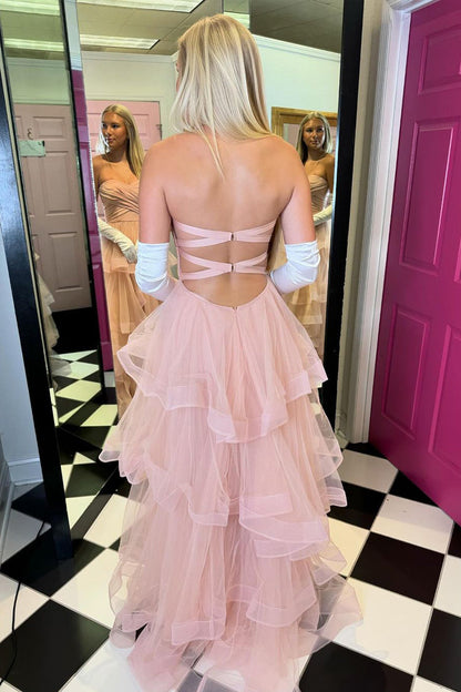 Stacia | A-Line Strapless Blush Pink Ruffle Tiered Tulle Long Prom Dresses