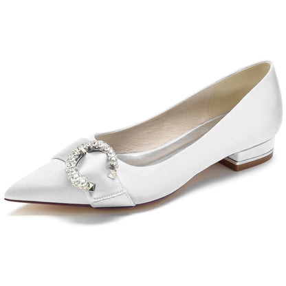 Women's Wedding Shoes Silk Satin Crystal Low Heel Pointed Toe Bridal Shoes