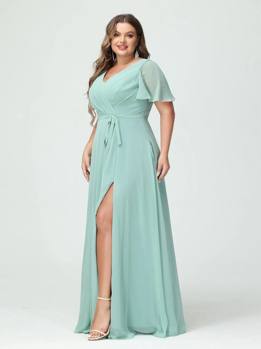 A-Line/Princess V-Neck Short Sleeves Plus Size Bridesmaid Dresses with Pockets Belt & Split Side