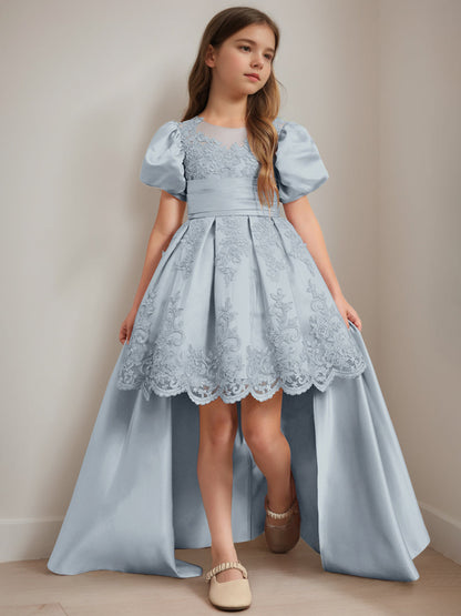 Ball-Gown Scoop Neck Short Sleeves Knee-Length Flower Girl Dress with Appliques