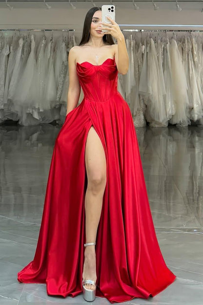 edgynewlook Simple Red Satin Sleeveless Strapless Sweetheart Pleated Prom Dress with Split