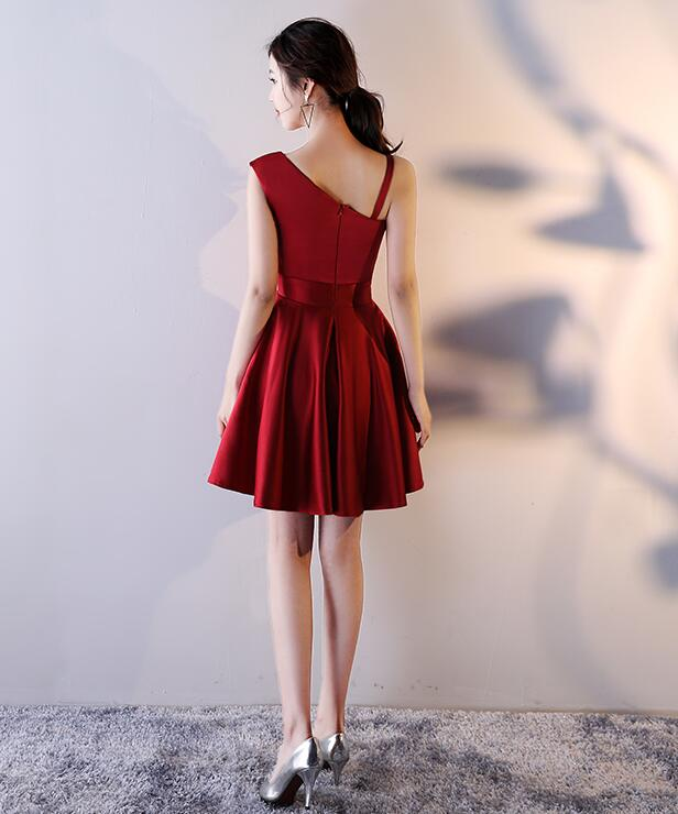 Beautiful Dark Red Satin One Shoulder Mini Party Dress, Wine Red Homecoming Dress gh424