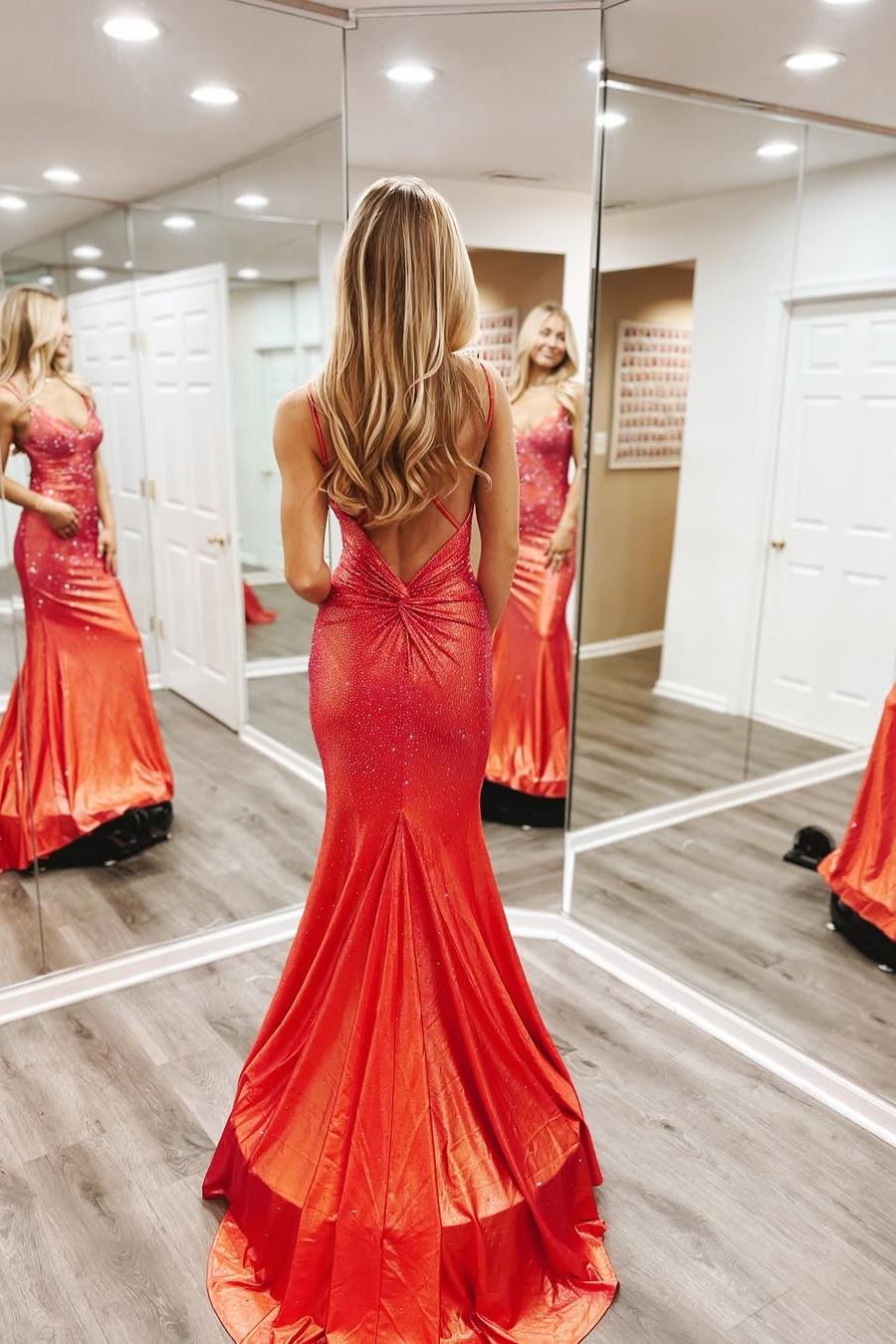 edgynewlook Shinning Orange Spaghtti Strap Sleeveless V Neck Mermaid Prom Dress with Beadings