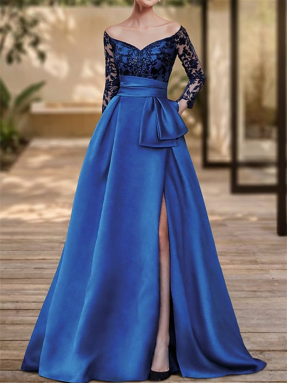 A-Line/Princess V-Neck Long Sleeves Floor-Length Evening Dresses with Slit