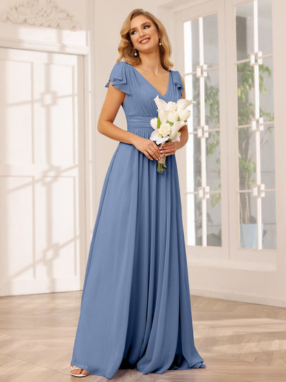 A-Line/Princess V-Neck Short Sleeves Long Bridesmaid Dresses with Ruffles