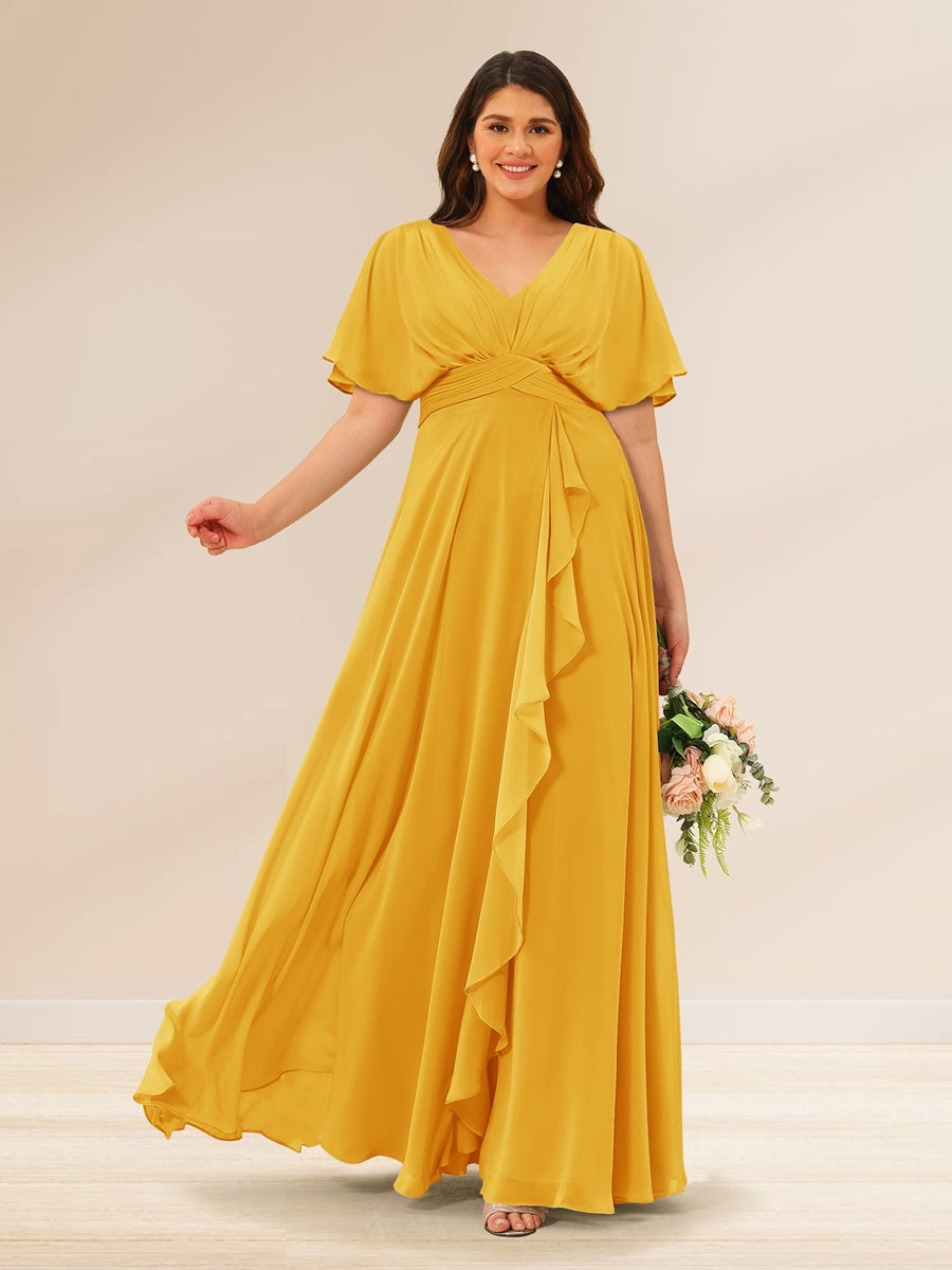 A-Line/Princess V-Neck Short Sleeves Plus Size Bridesmaid Dresses with Pockets