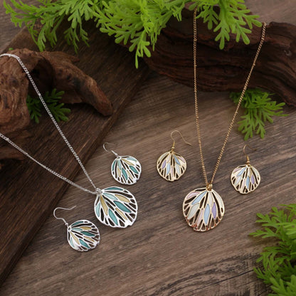 Stylish Elegant Enamel Leaf Earrings Necklace Two Pieces Jewelry Set