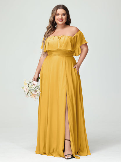 A-Line/Princess Off-the-Shoulder Short Sleeves Chiffon Plus Size Bridesmaid Dresses with Pockets & Split Side