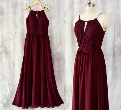 Charming Chiffon Wine Red Round Neckline Party Dress, Beautiful Bridesmaid Dress gh432