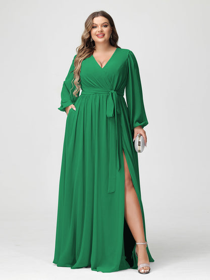 A-Line/Princess V-Neck Long Sleeves Chiffon Plus Size Bridesmaid Dresses with Pockets