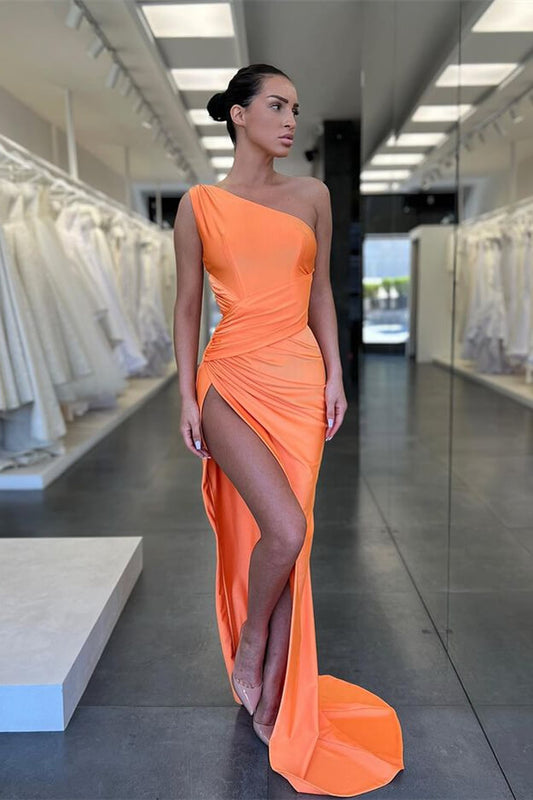 Vintage Orange One Shoulder Sleeveless Mermaid Slit Prom Dress With Pleated ED0484