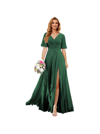 A Line/Princess  V Neck Short Sleeve Floor Length  Bridesmaid Dresses Chiffon with Slit