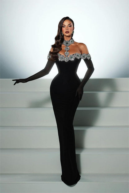 edgynewlook Charming Black Satin Long Sleeves Off the Shoulder Prom Dress with Beadings