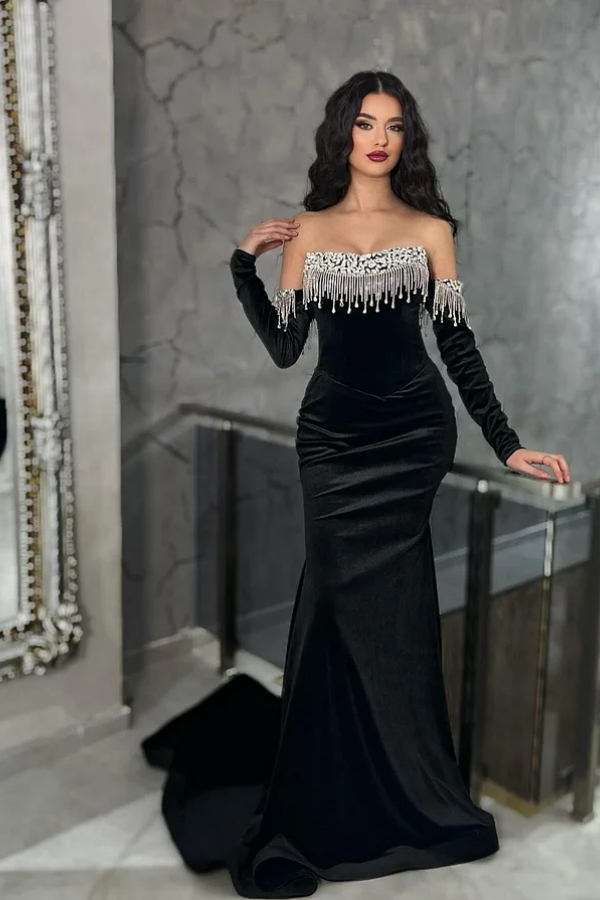 Black Velvet Strapless Long Rhinestones Prom Dress With Sleeves Tassels ZT0015