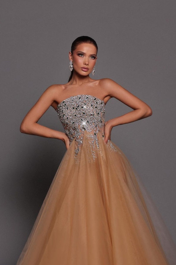 Gold Strapless Embroidery Mesh Prom Dress ZT0294