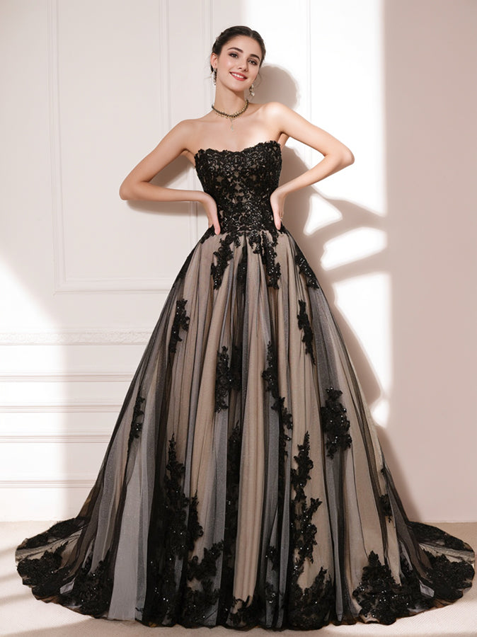 Ball Gown Strapless Sleeveless Black Wedding Dress with Beading & Appliques