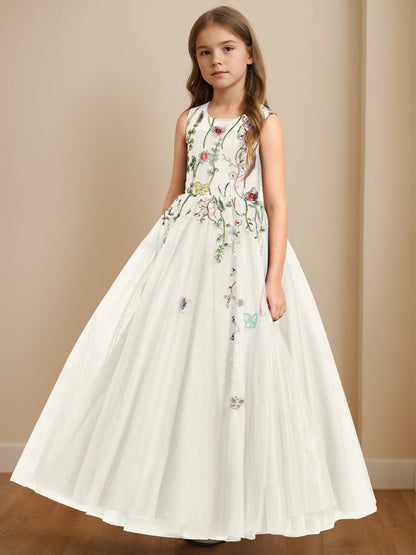 A-Line/Princess Scoop Neck Sleeveless Floor-Length Flower Girl Dress with Embroidery