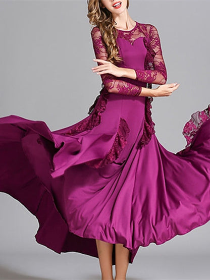 Women's Dancewear Ballroom Dance Dress Pure Color Tulle Women's Performance  Long Sleeve