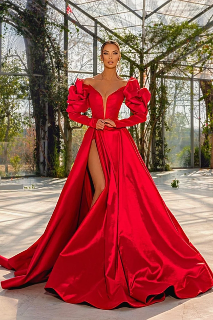 Sexy Prom Dress Red V Neck Bubble Sleeves With Slit YL0181