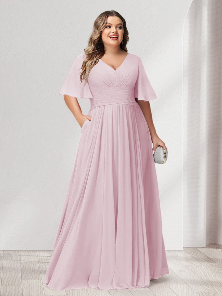 A-Line/Princess V-Neck Half Sleeves Chiffon Plus Size Bridesmaid Dresses with Pockets