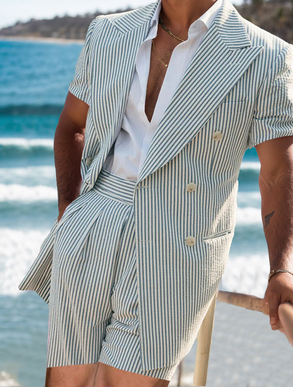 Men's Tailored Fit Double Breasted Six-buttons 2 Pieces Beach Wedding Suits