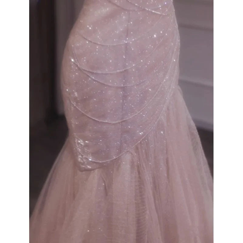 Light Pink Tulle Prom Dress Spaghetti Strap Sleeveless Dresses YH0069