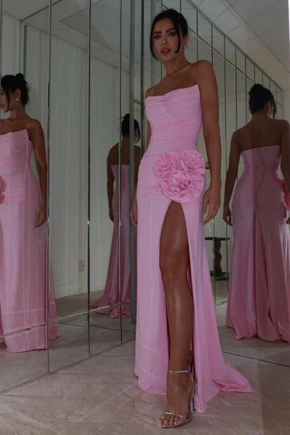 Sweet Pink Chiffon Pleated Strapless Flower Summer Prom Dress ZT0576