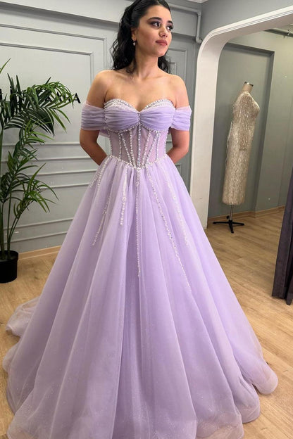 edgynewlook Exquisite Purple Tulle Off the Shoulder Strapless Prom Dress with Rhinestone