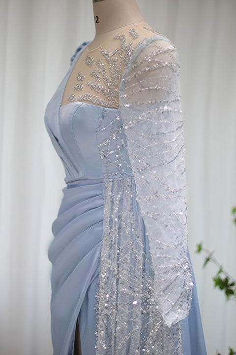 edgynewlook Baby Blue A Line Prom Dress Long Sleeves With Sparkle Sequins Ruffles