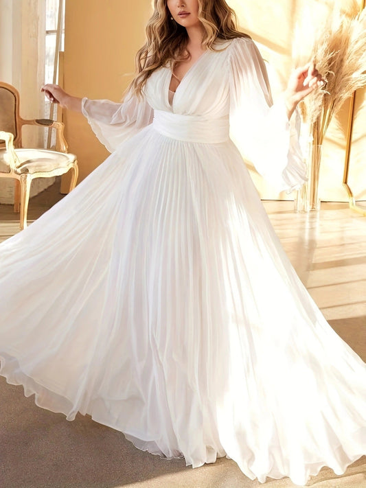 A-Line/Princess V-Neck Long Sleeves Floor-Length Wedding Guest Dresses with Pleats